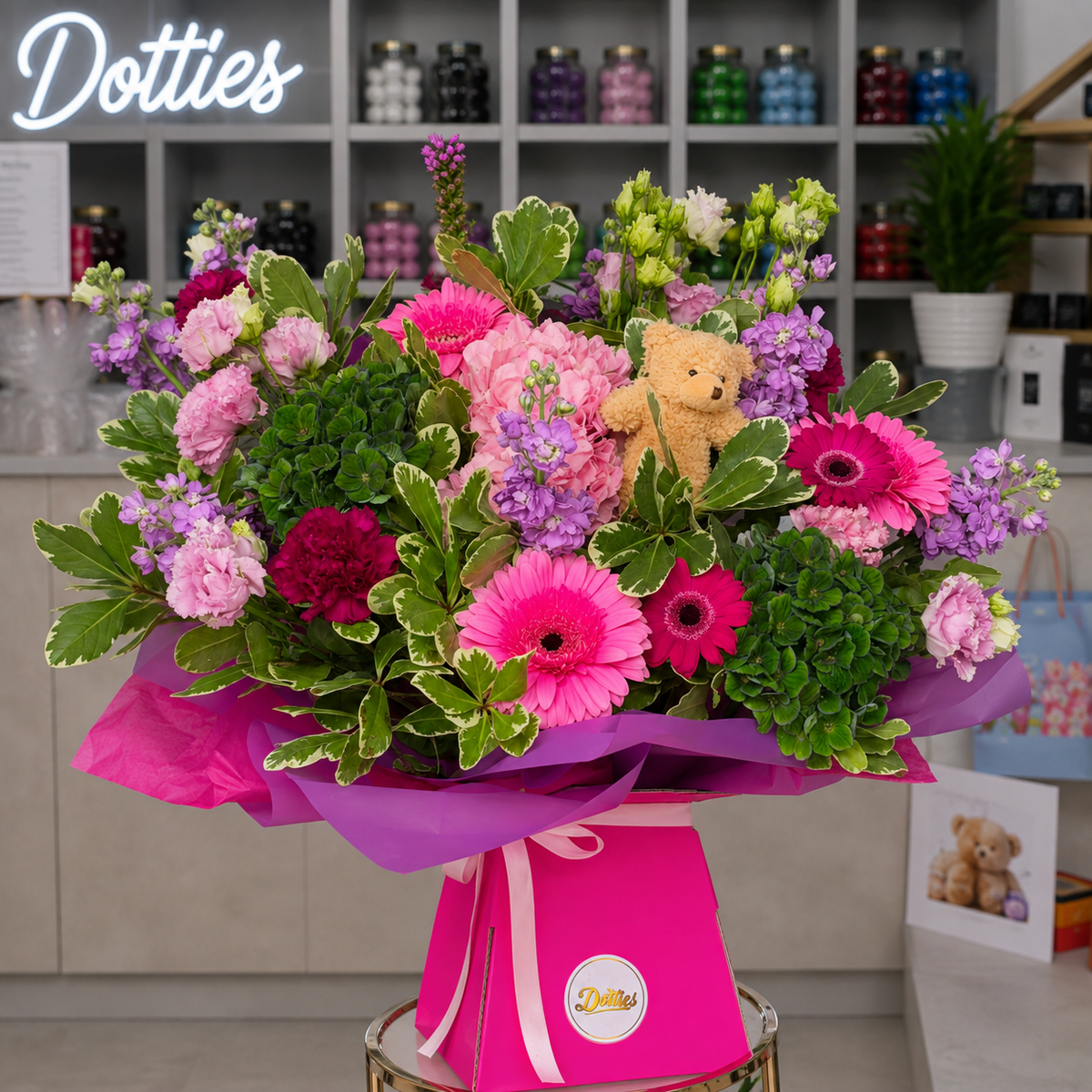 Pink Pop Celebration Flowers with Teddy