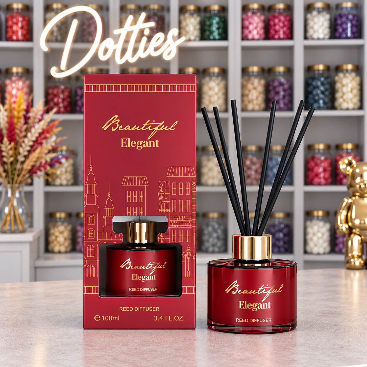"Beautiful Elegant" Crimson & Gold Reed Diffuser – 100ml