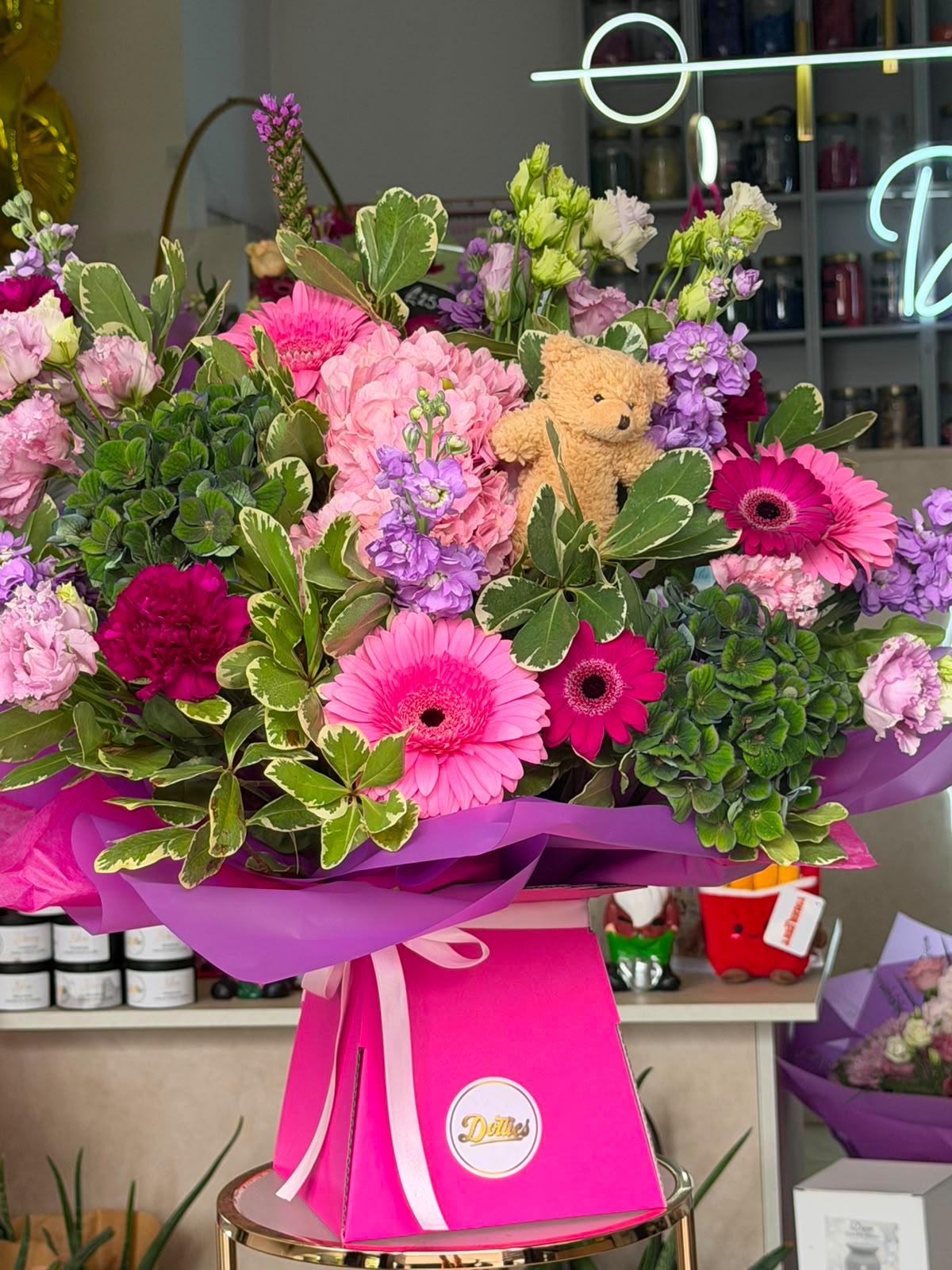 Pink Pop Celebration Flowers with Teddy