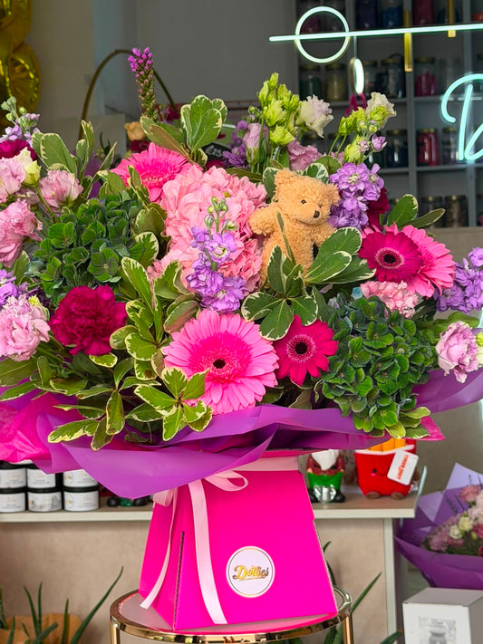 Pink Pop Celebration Flowers with Teddy