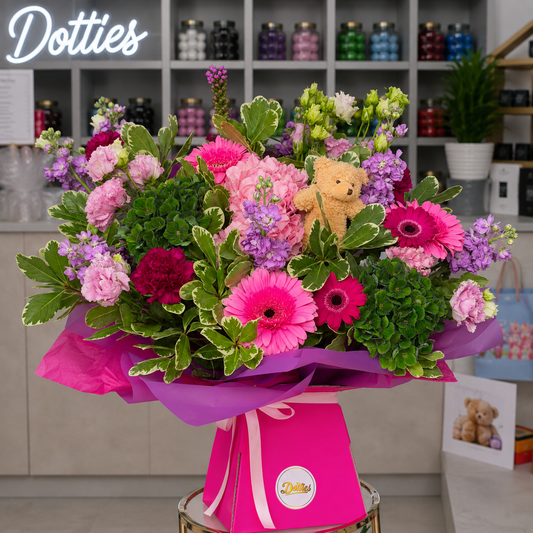 Pink Pop Celebration Flowers with Teddy