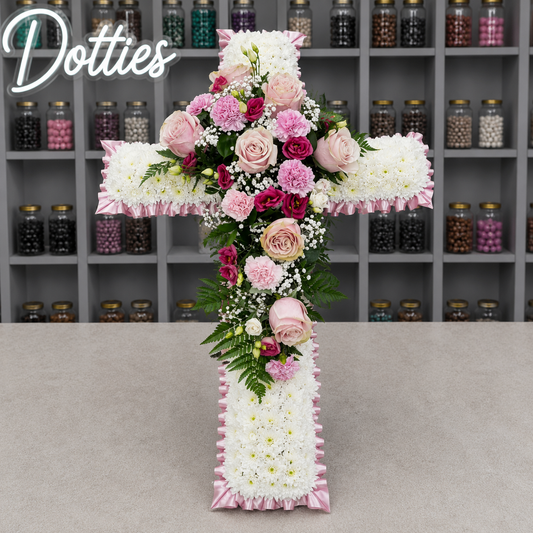 Sacred Rose & Ribbon Funeral Cross